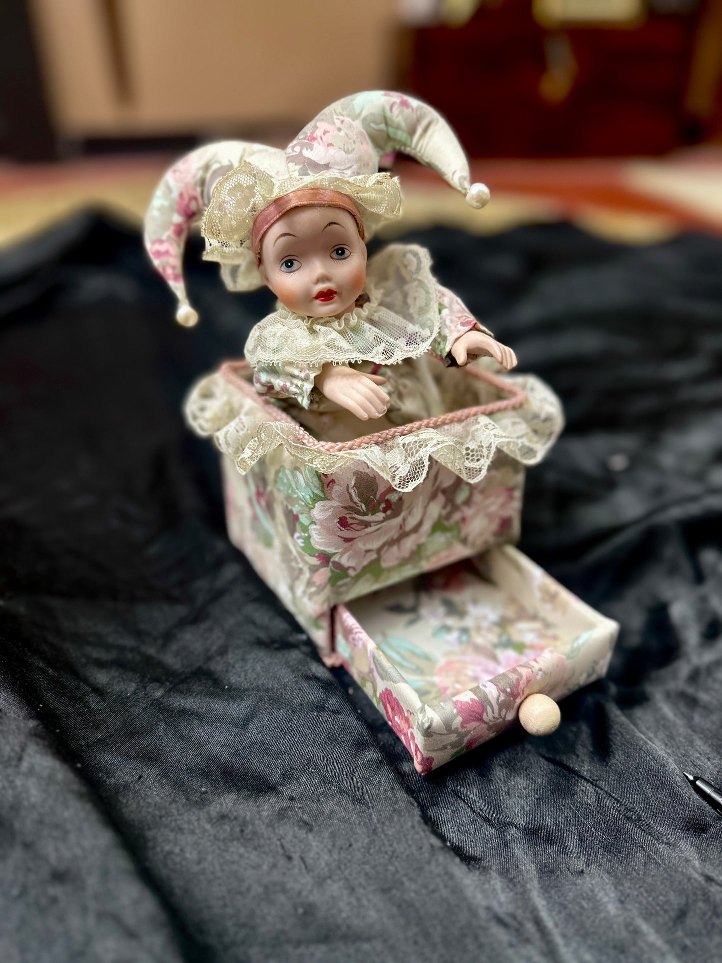 Vintage Porcelain Jack-in-the-Box Doll - Floral and Lace Design