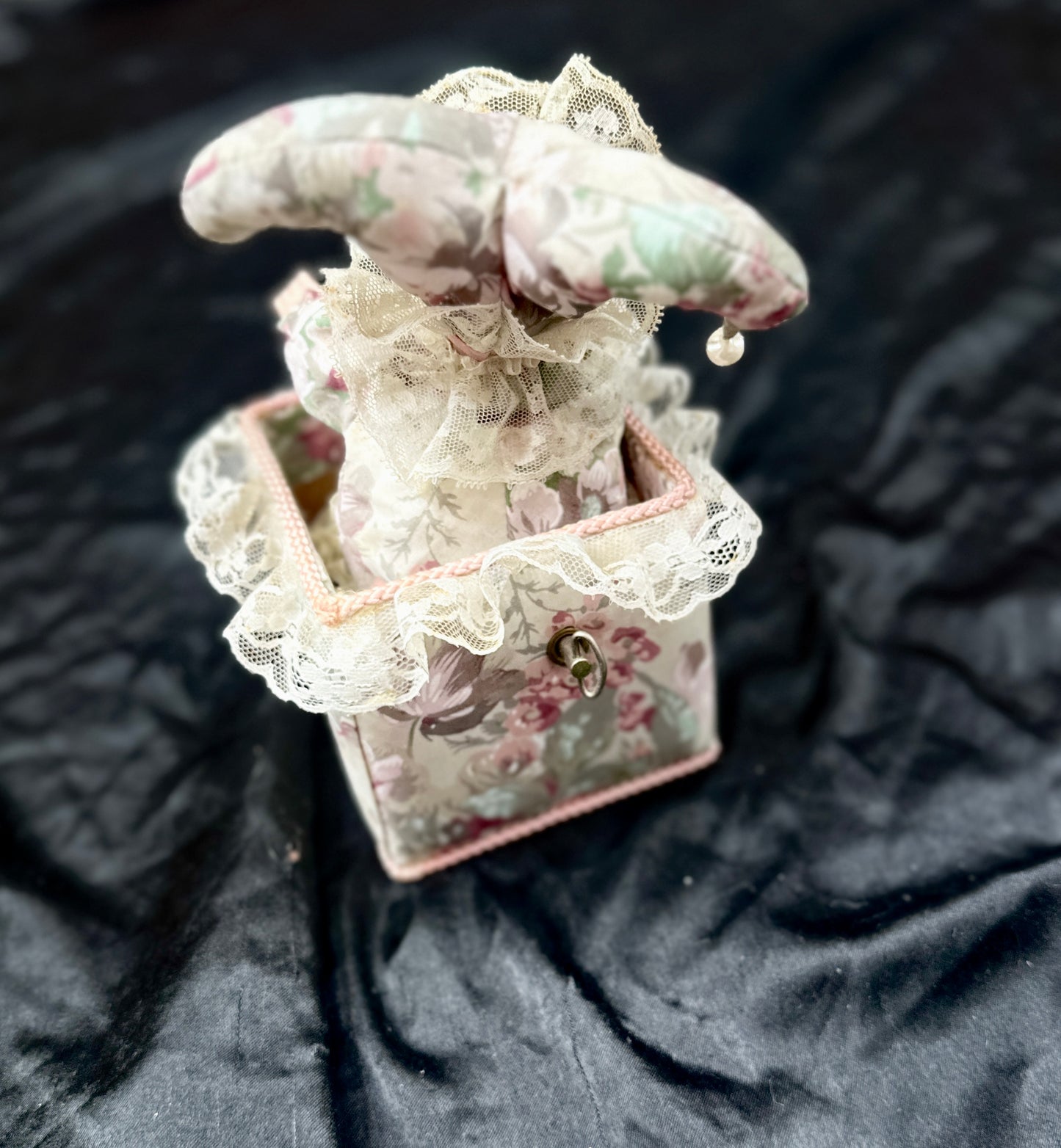 Vintage Porcelain Jack-in-the-Box Doll - Floral and Lace Design