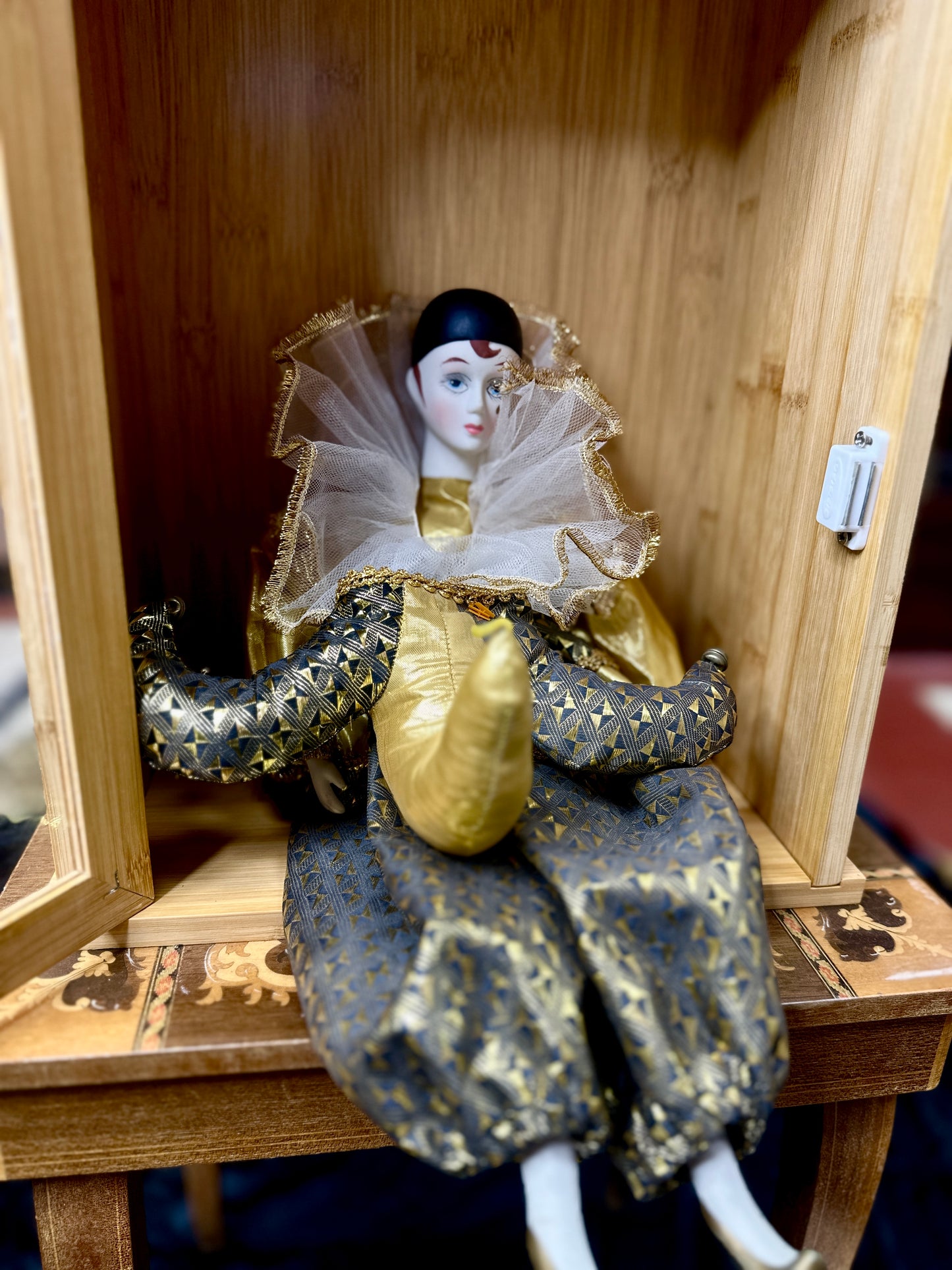 Elegant Vintage Pierrot Harlequin Doll – Gold and Black Costume