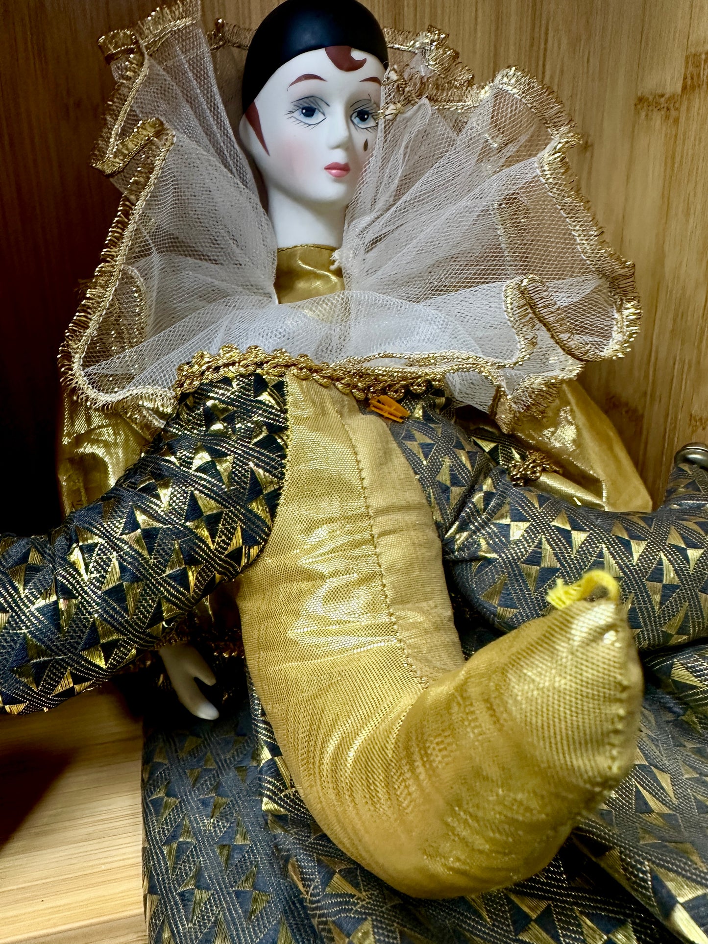 Elegant Vintage Pierrot Harlequin Doll – Gold and Black Costume