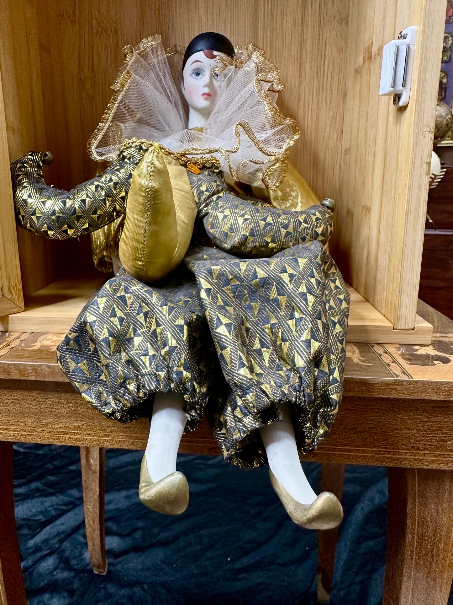 Elegant Vintage Pierrot Harlequin Doll – Gold and Black Costume