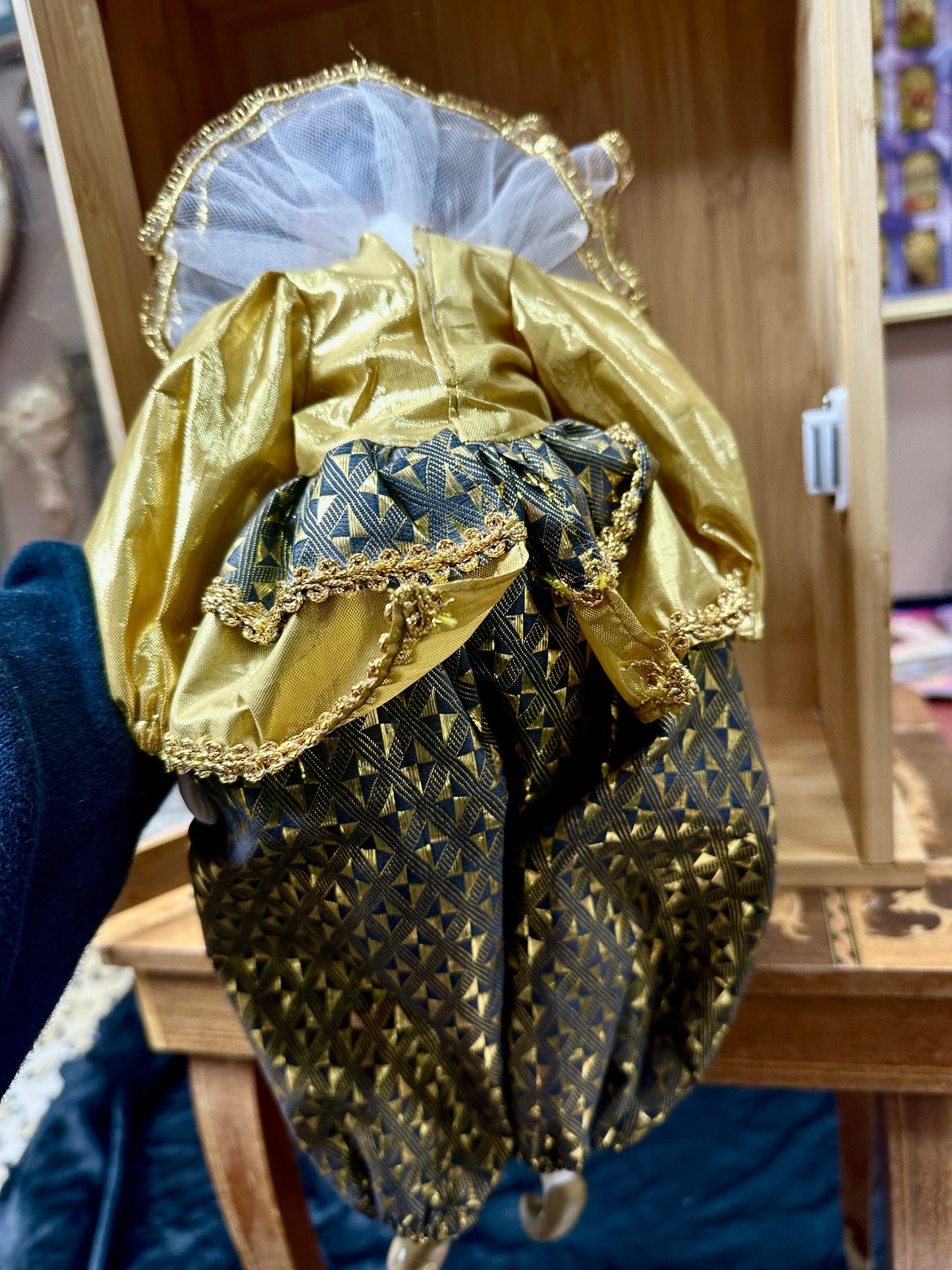Elegant Vintage Pierrot Harlequin Doll – Gold and Black Costume