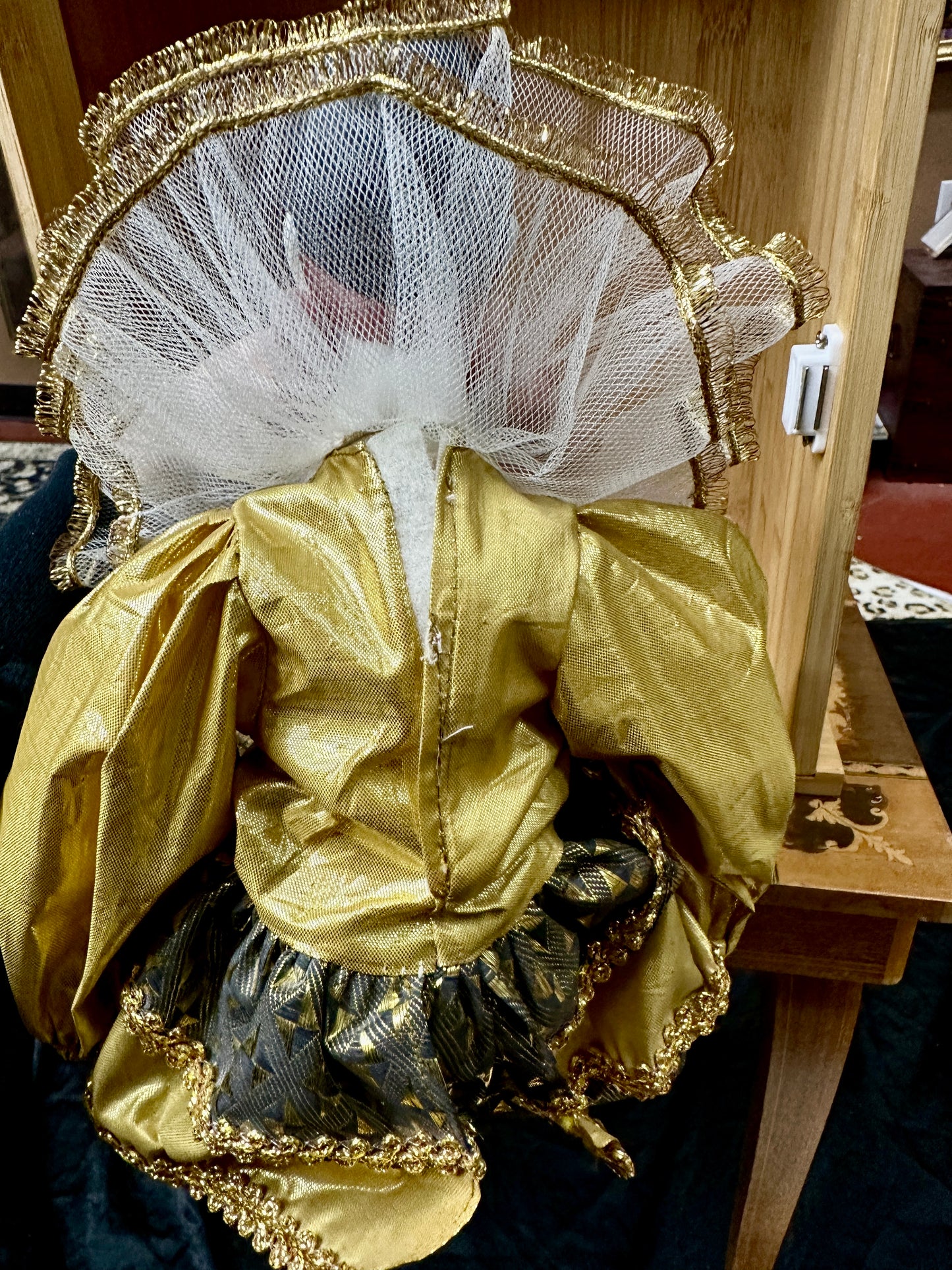 Elegant Vintage Pierrot Harlequin Doll – Gold and Black Costume